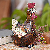 Artisan Hand Carved Brown Wood Chicken Sculpture,'Funny Brown Hen'