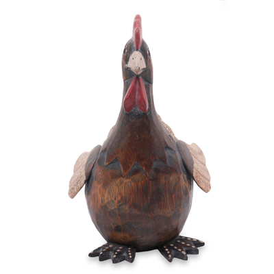 Wood statuette, 'Funny Brown Hen' - Artisan Hand Carved Brown Wood Chicken Sculpture