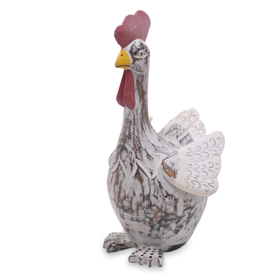 Escultura de madera - Escultura de pollo blanco tallada a mano con decoración rústica