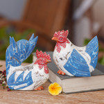Wood statuettes, 'Chicken Gossip' (pair) - Rustic Hand Carved Colorful Chicken Statuettes (Pair)