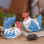 Wood statuettes, 'Chicken Gossip' (pair) - Rustic Hand Carved Colorful Chicken Statuettes (Pair)
