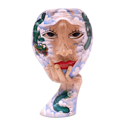 Surreal Handpainted Wood Mask with Dragon Motif