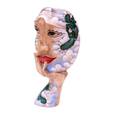 Wood mask sculpture, 'Dragon Sky' - Surreal Handpainted Wood Mask with Dragon Motif