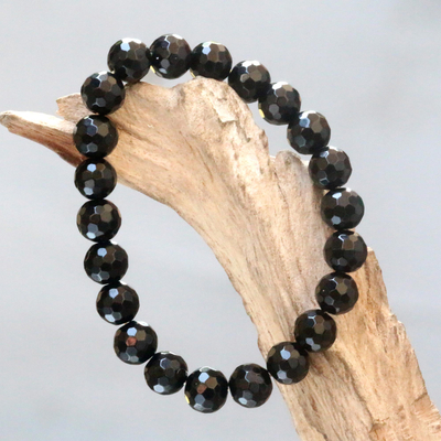 Onyx beaded stretch bracelet, 'Black Lava' - Stretch Bracelet from Bali with Faceted Round Onyx Beads