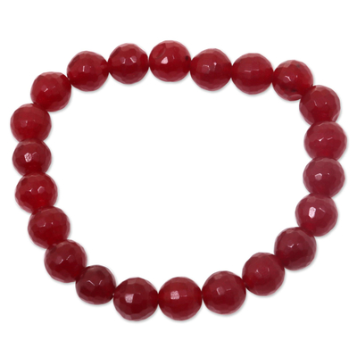 Agate beaded stretch bracelet, 'Sanur Cherry' - Faceted Red Agate Beaded Stretch Bracelet for Women
