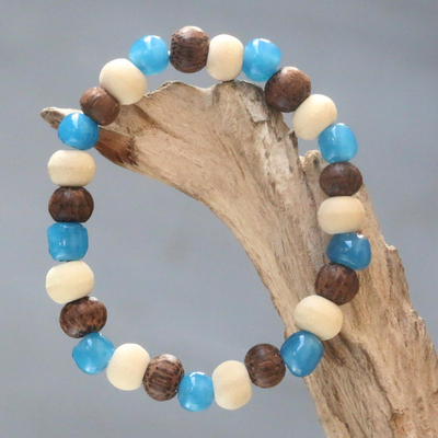 Beaded bracelet, 'Colorful Morning' - Artisan Crafted Stretch Bracelet with Wood and Ceramic Beads