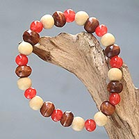 Beaded stretch bracelet, 'Red Connection' - Beaded Stretch Bracelet with Ceramic and Wood Beads
