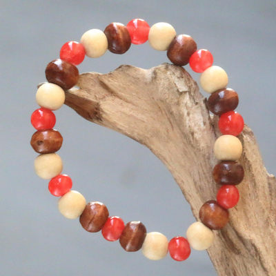 Beaded stretch bracelet, 'Red Connection' - Beaded Stretch Bracelet with Ceramic and Wood Beads