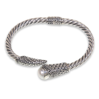 Cultured pearl bangle bracelet, 'Sukawati Royal' - White Cultured Pearl and 925 Sterling Silver Bangle Bracelet
