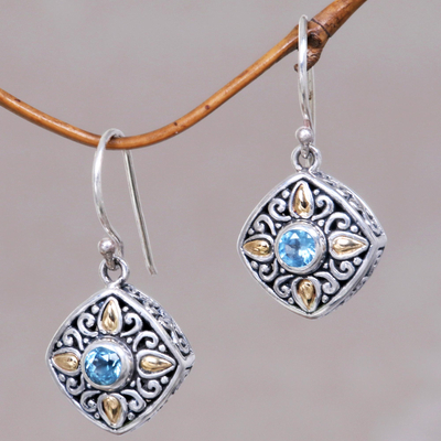 Gold accented blue topaz dangle earrings, Gardenia