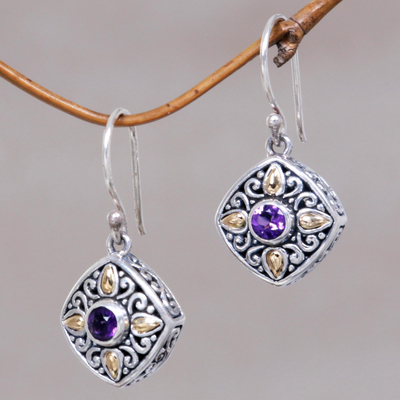 Gold accented amethyst dangle earrings, 'Gardenia' - Amethyst Dangle Earrings in Silver and Gold Settings