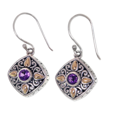 Gold accented amethyst dangle earrings, 'Gardenia' - Amethyst Dangle Earrings in Silver and Gold Settings