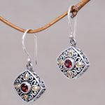 Gold accented garnet dangle earrings, 'Gardenia' - Sterling Silver and 18k Gold Dangle Earrings with Garnets
