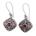 Gold accented garnet dangle earrings, 'Gardenia' - Sterling Silver and 18k Gold Dangle Earrings with Garnets
