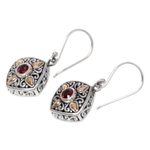 Gold accented garnet dangle earrings, 'Gardenia' - Sterling Silver and 18k Gold Dangle Earrings with Garnets