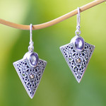 Gold accented amethyst dangle earrings, 'Miracle' - Triangular Dangle Earrings with Amethysts in Sterling Silver