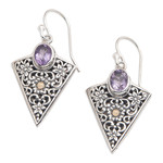 Gold accented amethyst dangle earrings, 'Miracle' - Triangular Dangle Earrings with Amethysts in Sterling Silver