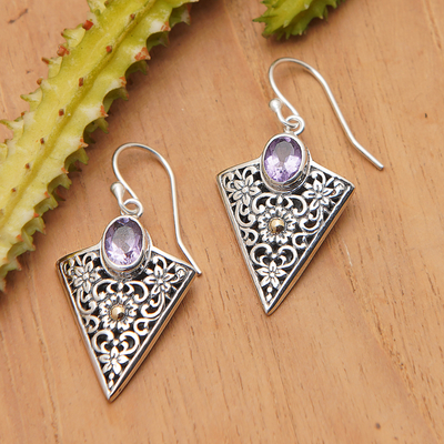 Gold accented amethyst dangle earrings, 'Miracle' - Triangular Dangle Earrings with Amethysts in Sterling Silver