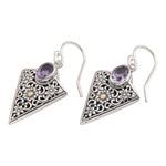 Gold accented amethyst dangle earrings, 'Miracle' - Triangular Dangle Earrings with Amethysts in Sterling Silver