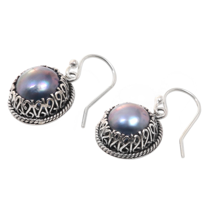 Cultured pearl dangle earrings, 'Shadow' - Sterling Silver Dangle Earrings with Natural Peacock Pearls