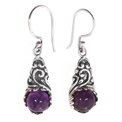 Amethyst dangle earrings, 'Sprout' - Amethyst Cabochon Earrings in Sterling Silver Settings