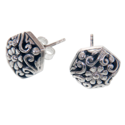 Sterling silver button earrings, 'Daisy' - Hexagonal Sterling Silver Button Earrings with Daisy Motif