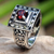 Garnet cocktail ring, 'Ayung Terraces' - Artisan Crafted Engraved Sterling Silver and Garnet Ring (image 2) thumbail
