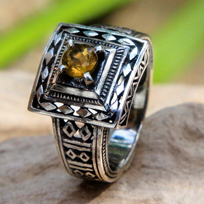Citrine cocktail ring, 'Ayung Terraces' - Artisan Crafted Engraved Sterling Silver and Citrine Ring