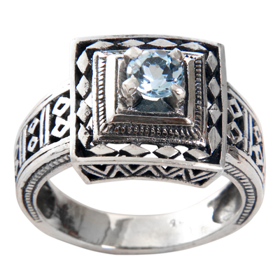 Artisan Crafted Blue Topaz and Sterling Silver Engraved Ring