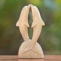 Wood sculpture, 'Jumping Dolphins' - Natural Finish Hibiscus Wood Statuette of Jumping Dolphins