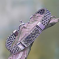Sterling silver pendant bracelet, 'Bali Spirit' - Panther Link Chain Bracelet with Pendant in 925 Silver