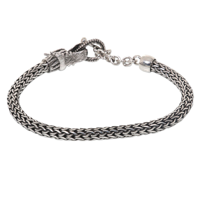 Sterling silver chain bracelet, 'Dragon Tale' - Sterling Silver Wheat Chain Bracelet with Dragon Head Clasp
