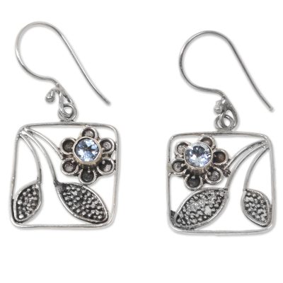Blue topaz dangle earrings, 'Bali Daisy' - Handcrafted Indonesian Silver Blue Topaz Dangle Earrings