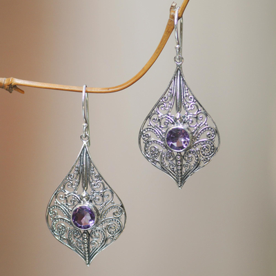 Amethyst dangle earrings, 'Shine On' - Balinese Style Amethyst and Sterling Silver Dangle Earrings