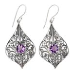 Amethyst dangle earrings, 'Shine On' - Balinese Style Amethyst and Sterling Silver Dangle Earrings