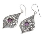 Amethyst dangle earrings, 'Shine On' - Balinese Style Amethyst and Sterling Silver Dangle Earrings