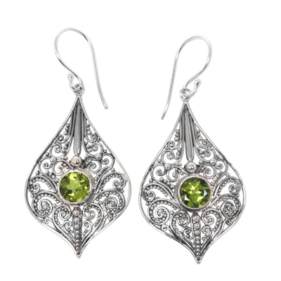 Peridot dangle earrings, 'Shine On' - Lacy Sterling Silver Dangle Earrings with Peridot Gems