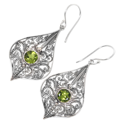 Peridot dangle earrings, 'Shine On' - Lacy Sterling Silver Dangle Earrings with Peridot Gems