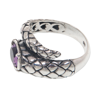 Amethyst ring, 'Snake Tail' - Amethyst and Sterling Silver Cocktail Ring with Snake Motif