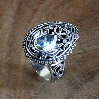 Blue topaz cocktail ring, 'Lotus Spirit' - Blue Topaz and Sterling Silver Balinese Style Cocktail Ring