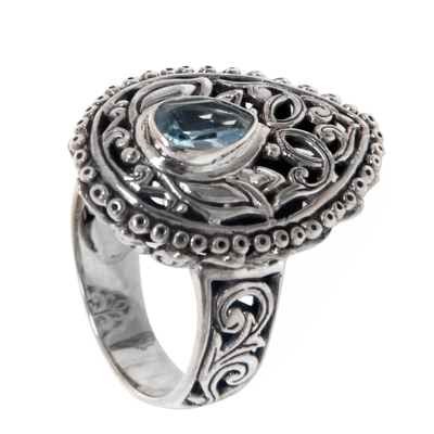 Blue topaz cocktail ring, 'Lotus Spirit' - Blue Topaz and Sterling Silver Balinese Style Cocktail Ring