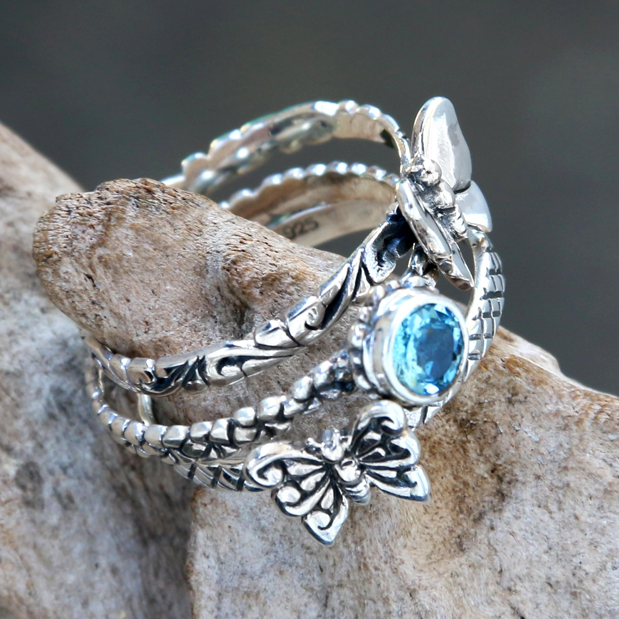 Set of 3 Stacking Silver Butterfly Rings with Blue Topaz, 