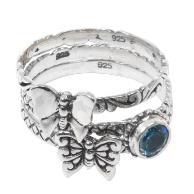 Blue topaz and sterling silver stacking rings, 'Butterfly Shrine' (set of 3) - Set of 3 Stacking Silver Butterfly Rings with Blue Topaz