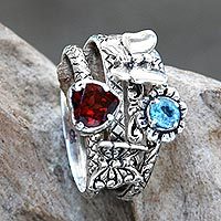 Anillos apilables de granate y topacio azul, 'Corazón de un jardín' (conjunto de 4) - Conjunto romántico de 4 anillos apilables con granate y topacio azul