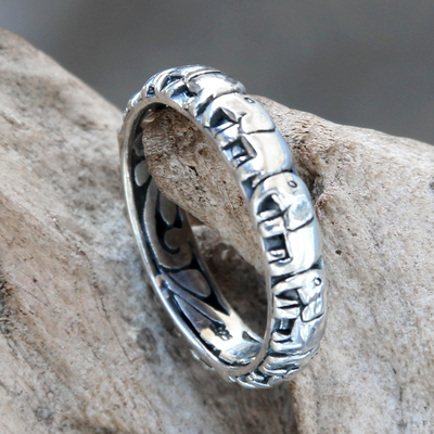Sterling silver band ring, 'Elephant Trek' - Elephant Themed Band Ring Crafted from Sterling Silver