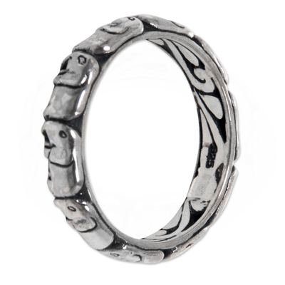 Sterling silver band ring, 'Elephant Trek' - Elephant Themed Band Ring Crafted from Sterling Silver