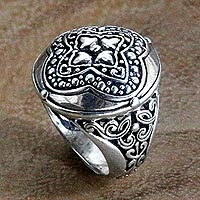 Sterling silver domed ring, 'Lotus Leaves' - Balinese Style Domed Cocktail Ring in Sterling Silver