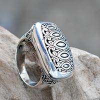 Sterling silver signet ring, 'Royal Geometric' - Artisan Crafted Sterling Silver Engraved Signet Ring