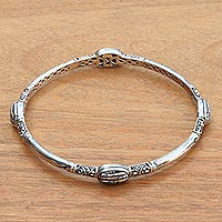 Sterling silver bangle bracelet, 'Bamboo Station' - Artisan Crafted Sterling Silver Engraved Bangle Bracelet