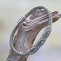 Sterling silver chain bracelet, 'Lotus Radiance' - Hand Engraved Sterling Silver Bracelet with Lotus Motif